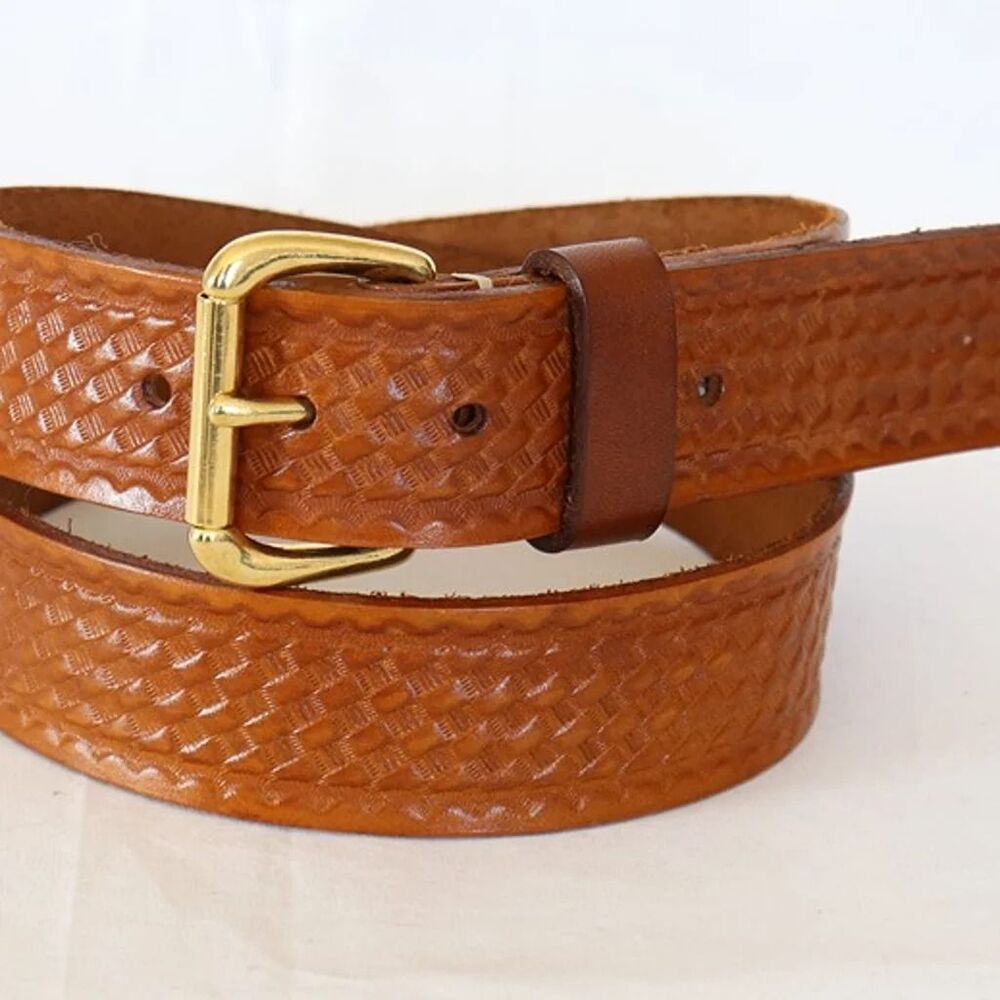 37" Handmade leather belt 100% cow hide light brown basketweave embossed Q
